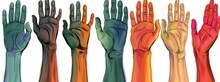 Digital Sketch Representing A Series Of Hands Of Different Colors, Anatomy Of Open Hand With Palm Face Frontward, Wrist And Forearm, Colorful Decorative Frieze Or Banner Isolated On White Background