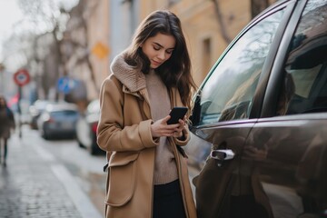 Poster - A young woman standing on the street and opens a car door. She uses a mobile phone. 