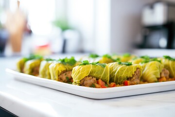 Sticker - cabbage rolls arranged neatly in a row on a bright counter