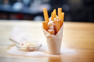 Wall Mural - fresh churros in a paper cone with sugar sprinkled on top