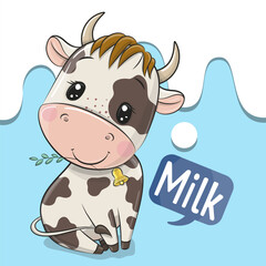 Wall Mural - Cartoon cow on a blue background