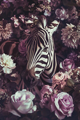 Wall Mural - Zebra portrait with fresh flowers and leaves. Creative animal portrait. Generative Ai