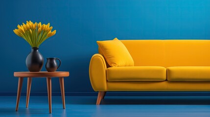 yellow sofa on blue wall background, interior design 