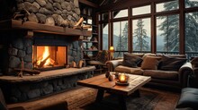 Mountain Retreat, Charming Cabin, Roaring Fireplace, Warmth, Rustic Charm, Tucked Away. Generated By AI.