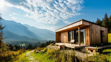 Wooden Cottage In Nature In Sunny Day. Recreation Center In The Mountains. Ai Generative