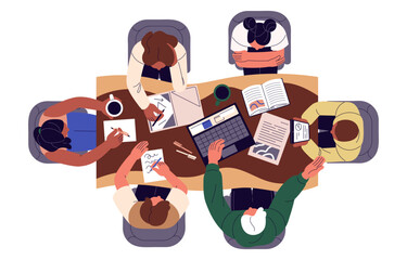Fototapete - People sitting around table top view. Employees meeting, work, communicate on the office desk. Students team study, prepare to exams together. Teamwork. Flat isolated vector illustration on white