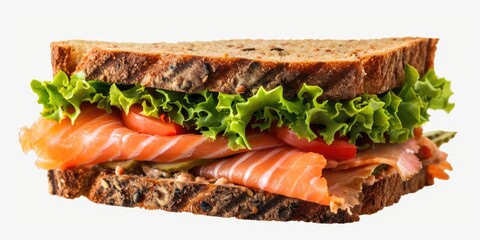 Canvas Print - A delicious sandwich filled with fresh salmon, crisp lettuce, and juicy tomatoes. Perfect for a healthy and tasty meal on the go