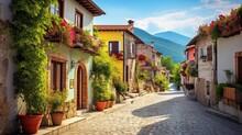 An Enchanting Village With Cobblestone-paved Streets. Quaint Town, Cobblestone Pathways, Old-world Charm. Generated By AI.
