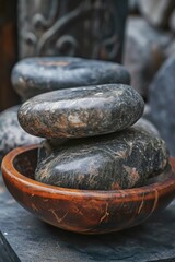 Poster - A wooden bowl filled with rocks placed on top of a table. This image can be used to depict nature, simplicity, and tranquility