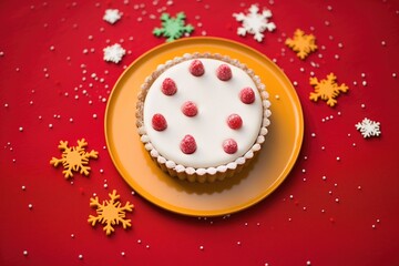 Poster - festive raspberry tart with holiday decorations on a red cloth