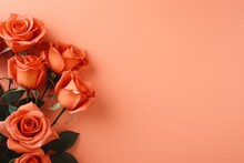 Orange Rose Flowers With Green Leaves On Orange Background, Valentine's Day, Mother's Day, Wedding And Love Concept