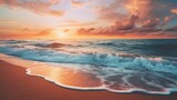Fototapeta  - The beauty of dusk graces a sandy beach at sunset. Sunset beach, gentle waves, tranquil coastline, sandy shore. Generated by AI.