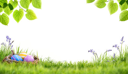 A blank template of three painted easter eggs in a birds nest celebrating a Happy Easter on green grass, bluebells and green tree leaves isolated on transparent background.