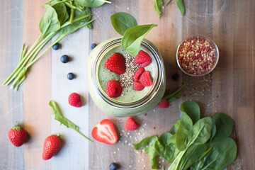 Sticker - overhead shot: blended spinach berry smoothie in a mason jar, surrounded by raw ingredients