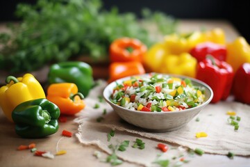 Sticker - fresh bell peppers beside a bowl of raw stuffing mix