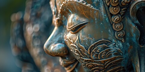 Poster - A close-up view of a statue depicting a person's face. This image can be used to represent art, sculpture, history, or facial expressions