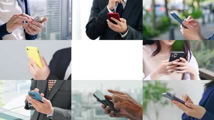 Poster - Collage videos of people using smartphones in various situations. Scaling transition from white background.