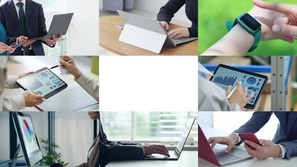 Aufkleber - Collage videos of people using various digital devices. Scaling transition from white background.