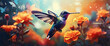 The Hummingbird in a Silhouette Double Exposure. In the background is a vibrant garden with blooming flowers and fluttering butterflies. Stylish in the style of double exposure
