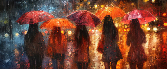 Aufkleber - A painting depicting a group of people holding umbrellas. Can be used to illustrate unity, protection, or a rainy day