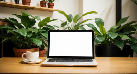 Poster - Wooden table with mockup laptop with white screen and cup of coffee, potted plant blurred background. Laptop with blank screen on table of coffee shop and plant blurred background