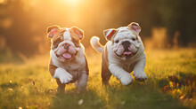 Bulldog Puppies Playing Outdoors On The Grass.