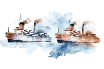 Wall Mural - Painting in watercolor. A tug mooring a cargo ship in the port. isolated on PNG Background. Generative Ai.