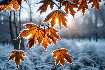 Wall Mural - autumn leaves in the snow