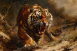 Illustration of an aggressive tiger ready to attack, dangerous wild cat