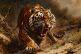 Fototapeta  - Illustration of an aggressive tiger ready to attack, dangerous wild cat