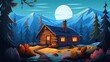 Rustic log cabin in the woods, forest at night interior illustration in cartoon style. Bright colors, empty room scene for game background