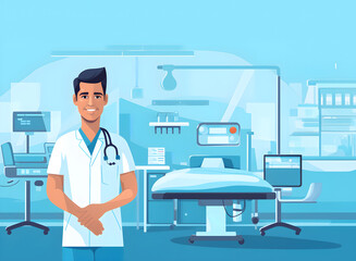 An interior medicine healthcare concept with an image of a male doctor holding a checklist in a modern hospital clinic ward