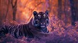 a tiger is lying down in the forest looking at the camera, in the style of ultraviolet photography, realistic animal portraits, indonesian art, photo taken with provia