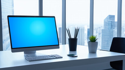 Poster - Workspace with Blank blue Computer Screen. Desktop Computer Monitor with Mockup Screen Display Standing on Desk in Modern Business Office.