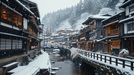 Poster - A picturesque snow covered town with a river flowing through it. Perfect for winter landscapes and holiday-themed designs