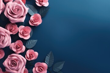 Wall Mural - Beautiful pink roses on dark blue background. Top view with copy space