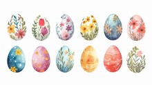 Hand Drawn Watercolor Decorated Easter Eggs With Blossoming Flowers And Plants. Springtime Floral Colored Eggs In Pastel Colors Isolated On White Background. Raster.