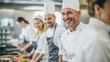 © b_mc Photographer - close-up of Head chef accompanied by his kitchen team, posing happily, while preparing the menu.  image artificial intelligence