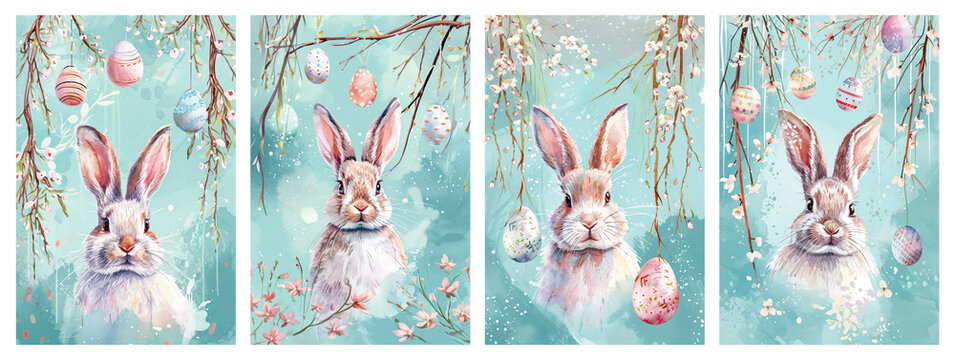 Happy Easter watercolor greeting cards set with cute Easter rabbit and hanging decorated eggs on pussy willow branches. Springtime holiday vertical poster template with cute bunny and space for text.