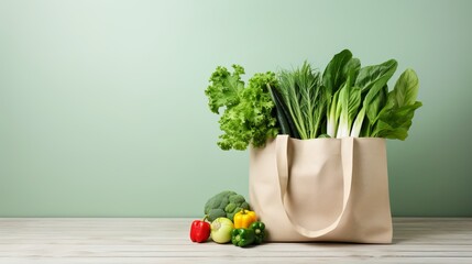 Wall Mural - Reusable tote bag filled with fresh local products and vibrant vegetables on light blue background