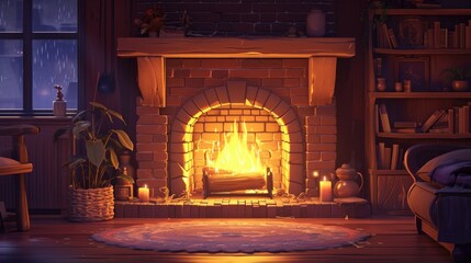 Sticker - A cozy living room with a fireplace and candles creating a warm and inviting atmosphere. Perfect for adding a touch of comfort and relaxation to any space