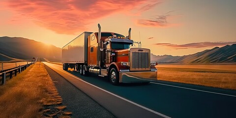 Wall Mural - Truck in motion on highway for transportation of cargo freight vehicle shipping trailer delivering goods at speed logistic traffic moving under sky fast and heavy driving business at sunset