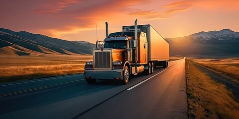 Wall Mural - Truck in motion on highway for transportation of cargo freight vehicle shipping trailer delivering goods at speed logistic traffic moving under sky fast and heavy driving business at sunset