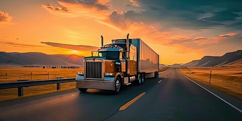 Wall Mural - Truck in motion on highway for transportation of cargo freight vehicle shipping trailer delivering goods at speed logistic traffic moving under sky fast and heavy driving business at sunset