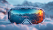 A goggles is lying on the snow. Close-up. Blurred mountains in the background. Snow. Safety glasses with reflection. A beautiful panorama without people. Ai generative
