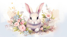 Cute Easter Bunny With Flowers In Watercolor Style