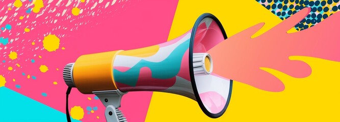 Wall Mural - Colorful megaphone illustration with a pop art flair, featuring pastel collage design and vibrant paint splatter on a pink and yellow background.