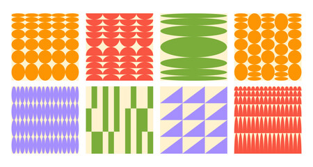 Poster - Abstract playful shapes seamless pattern. Brutal geometric figure ovals, circles, triangles, semicircles. Swiss design aesthetic. Vector illustration