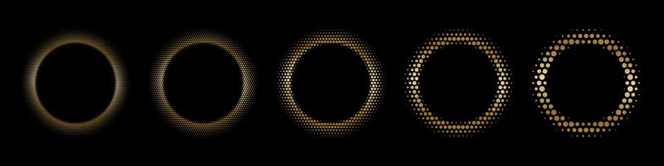 Poster - Gold dotted luxury halftone round frames. Golden shining abstract background with light glow elements. Glitter pattern circle logo. Modern futuristic graphic vector illustration set