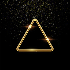 Fototapete - 3d plate button of triangle shape with golden frame vector illustration. Realistic isolated website element, golden glossy label for game UI, badge of navigation menu with shiny light effect border